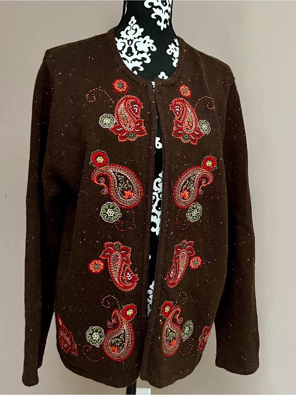 CROFT & BARROW Vintage Paisley Embroidered Zip Cardigan Sweater Ramie Silk Blend